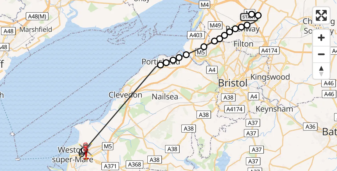 Flight path map showing Air Ambulance Helicopter route from Almondsbury Helicopter Base to Weston-super-Mare