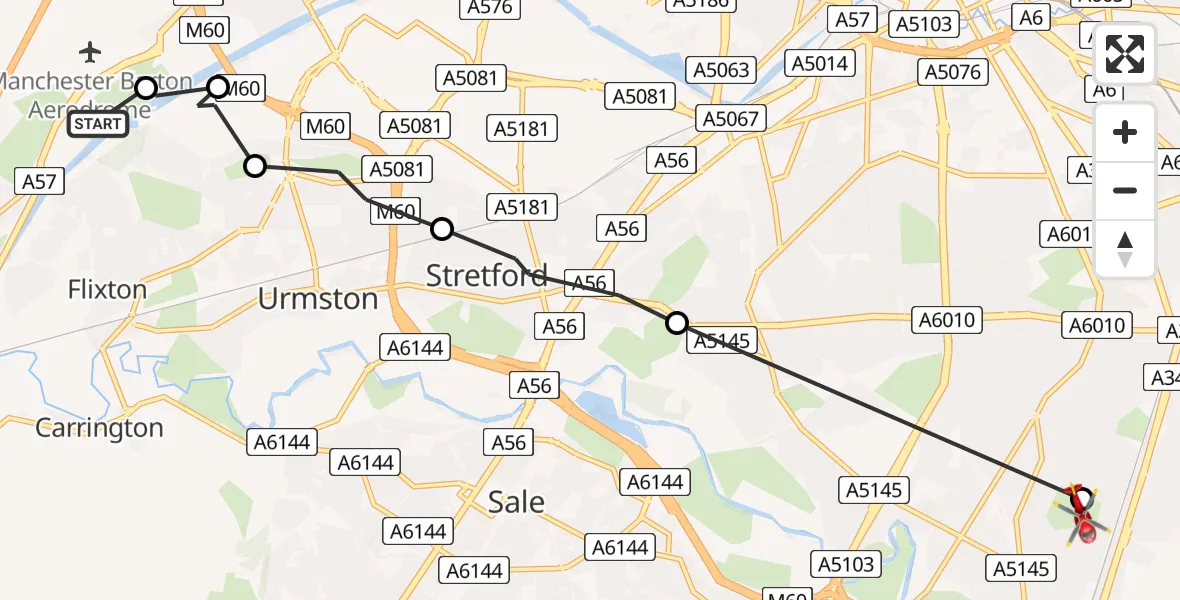 Flight path map showing Air Ambulance Helicopter route from Irlam to Withington