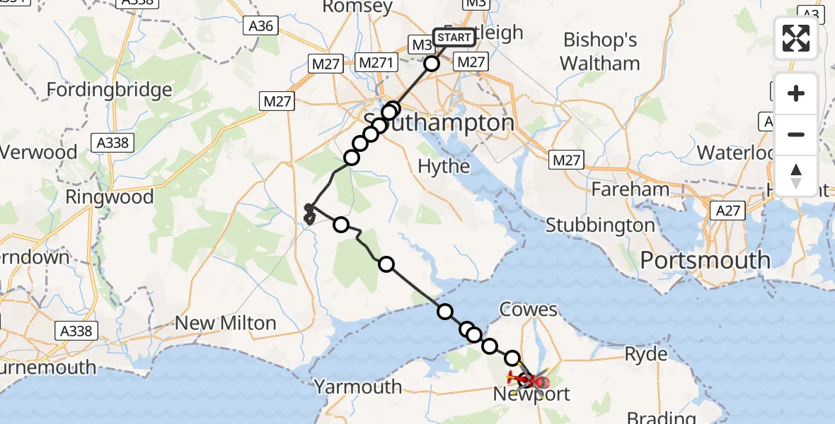 Flight route Air Ambulance Helicopter Chandler's Ford - St Marys Hospital Isle Of Wight, 29 April 2026, 10:14