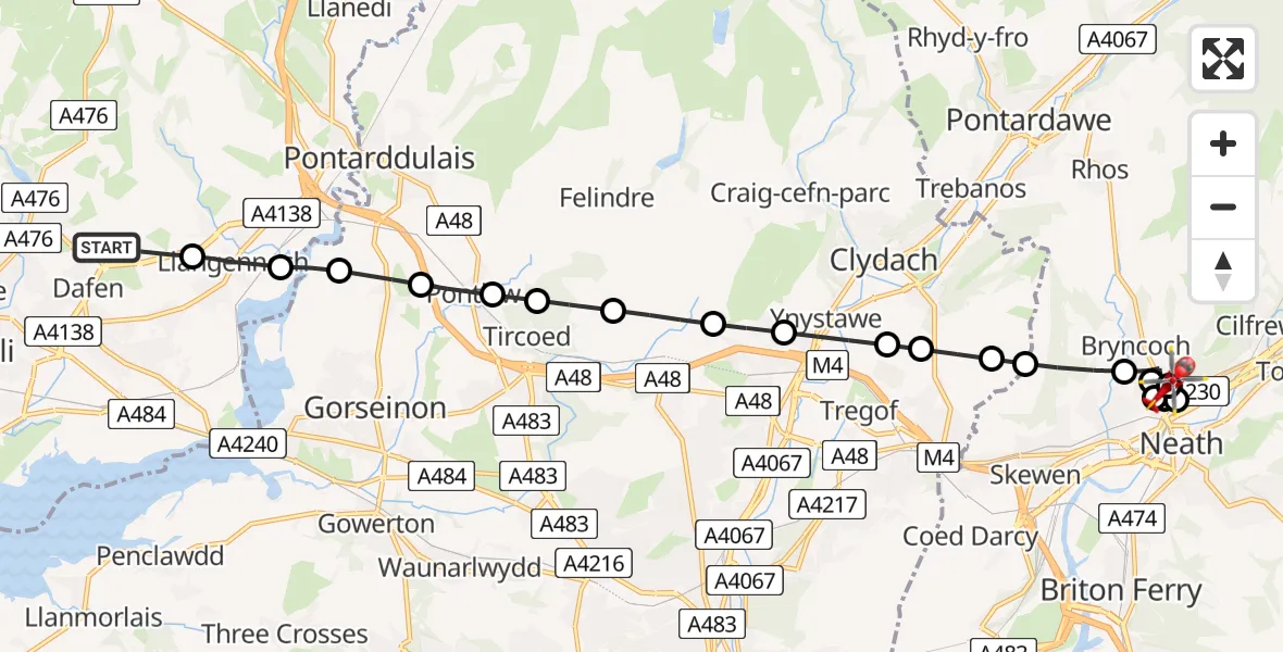Flight path map showing Air Ambulance Helicopter route from Dafen to Cadoxton-juxta-Neath