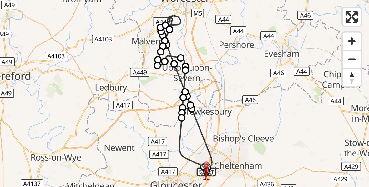 Flight path map showing Air Ambulance Helicopter route from Gloucestershire Airport to Tewkesbury