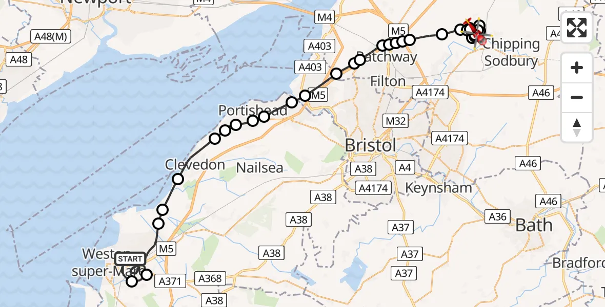 Flight path map showing Air Ambulance Helicopter route from Weston-super-Mare to Nibley