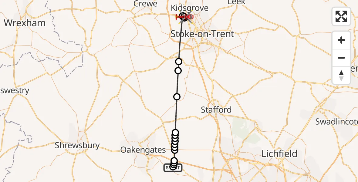 Flight path map showing Air Ambulance Helicopter route from RAF Cosford to Newcastle-under-Lyme