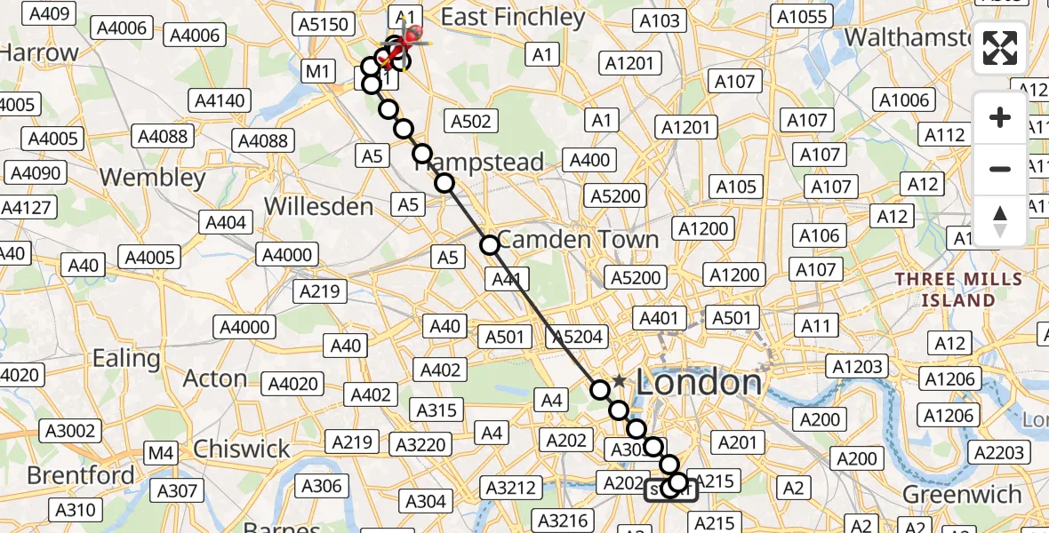Flight route Air Ambulance Helicopter Kennington - Hendon, 29 April 2026, 10:36