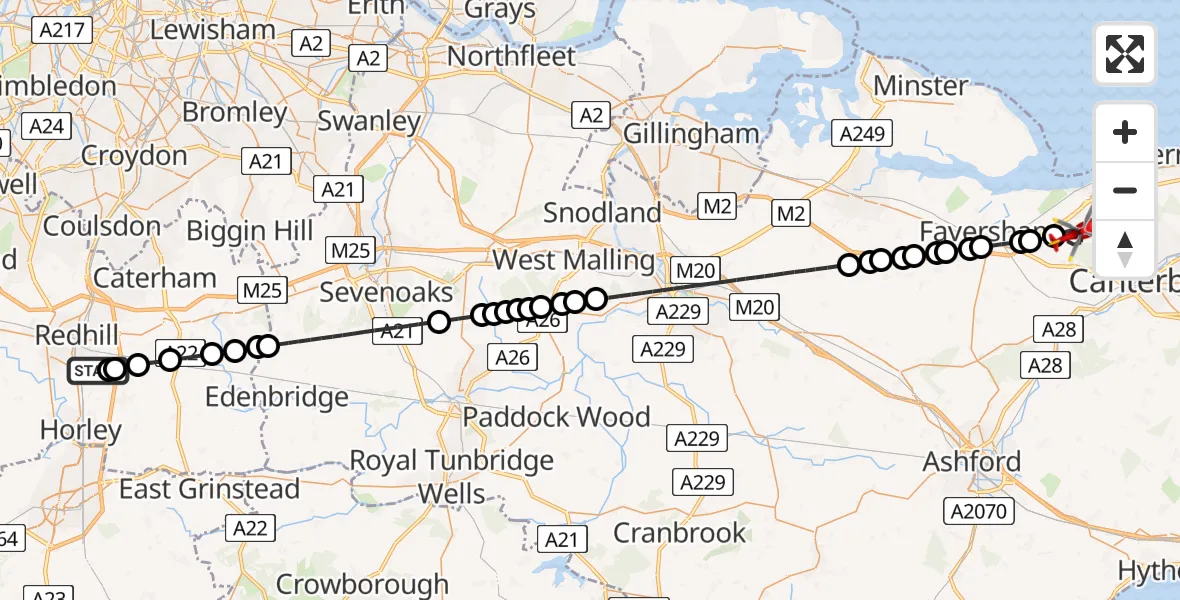 Flight route Air Ambulance Helicopter Redhill Aerodrome - Dargate, 29 April 2026, 10:40