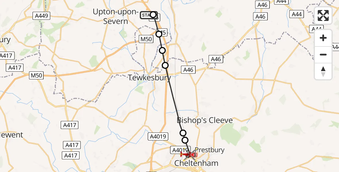 Flight path map showing Air Ambulance Helicopter route from Hill Croome to Cheltenham