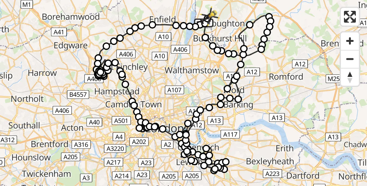 Flight path map showing Police Helicopter route from Chingford to Metropolitan Police Air Support Unit Lippitts Hill