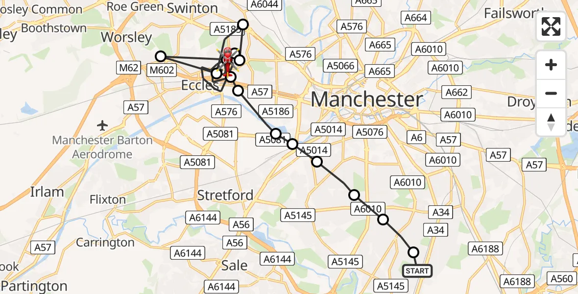 Flight path map showing Air Ambulance Helicopter route from Burnage to Eccles