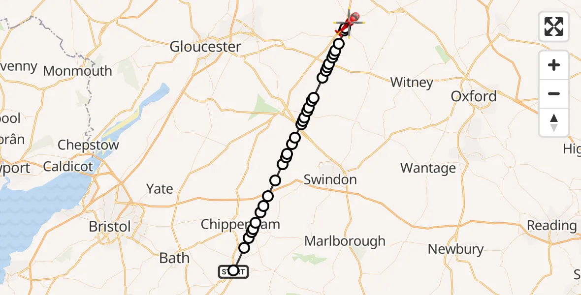 Flight path map showing Air Ambulance Helicopter route from Wiltshire Air Ambulance to Stow-on-the-Wold