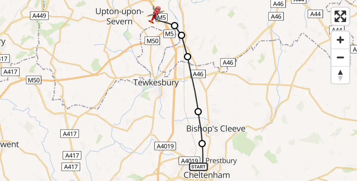 Flight path map showing Air Ambulance Helicopter route from Cheltenham to Upper Strensham
