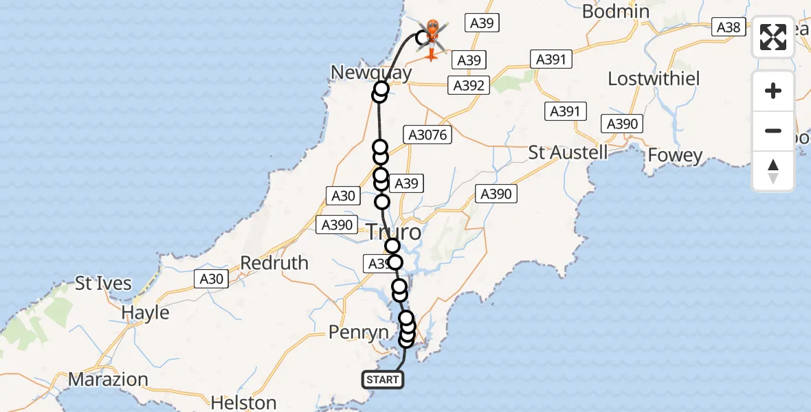 Flight route Coastguard Helicopter English Channel - Cornwall Airport Newquay, 29 April 2026, 10:50