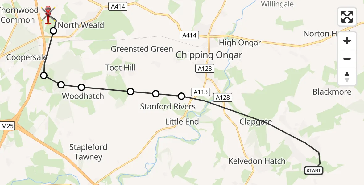 Flight path map showing Air Ambulance Helicopter route from Brentwood to North Weald Airfield