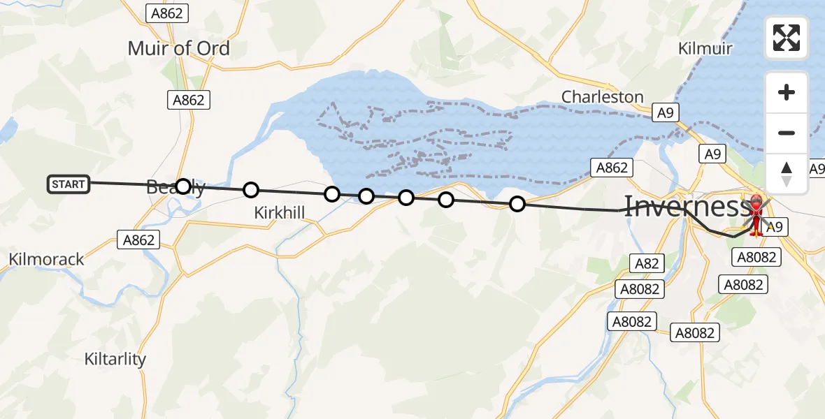 Flight path map showing Air Ambulance Helicopter route from Beauly to Inverness