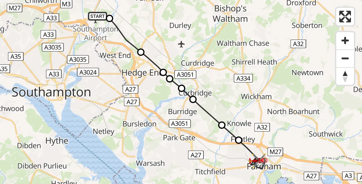 Flight route Air Ambulance Helicopter Southampton Airport - Fareham, 29 April 2026, 11:10