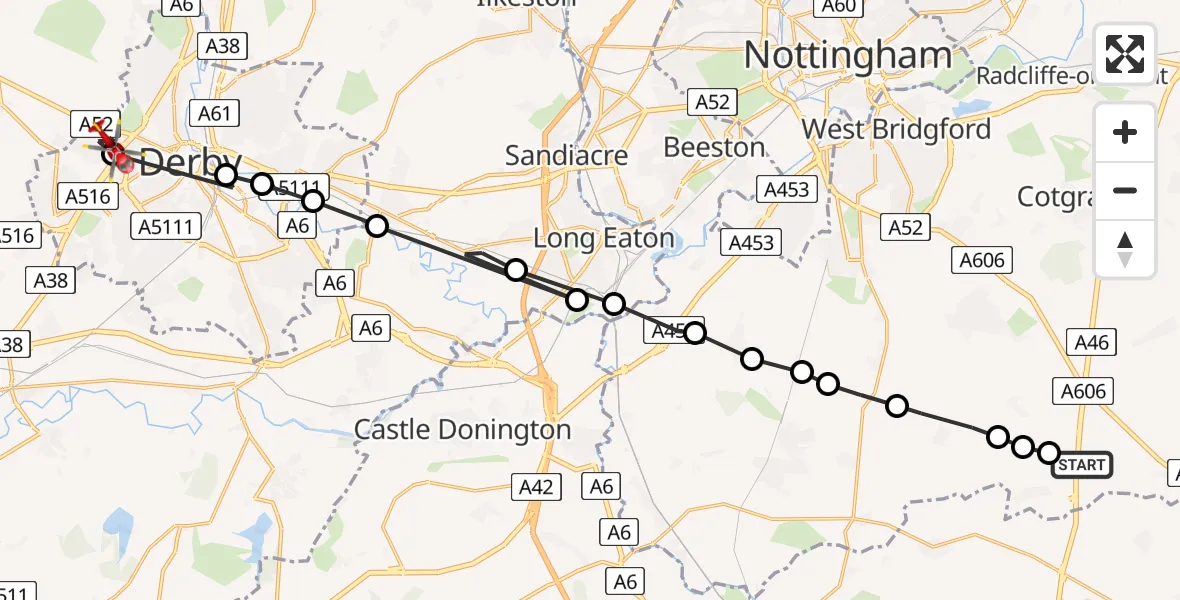 Flight path map showing Air Ambulance Helicopter route from Rushcliffe to Mackworth Estate