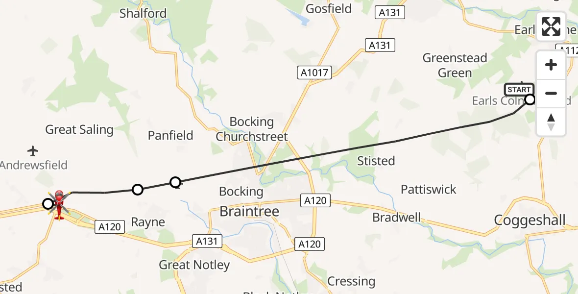 Flight route Air Ambulance Helicopter Earls Colne Airfield - Uttlesford, 29 April 2026, 11:19