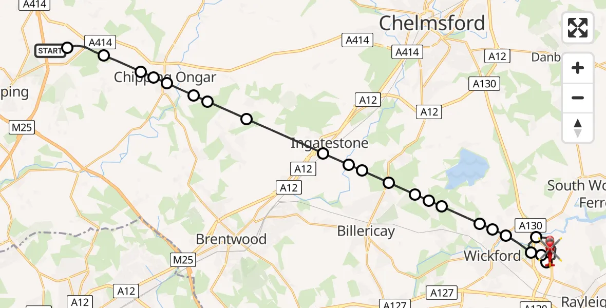 Flight path map showing Air Ambulance Helicopter route from North Weald Airfield to Rochford