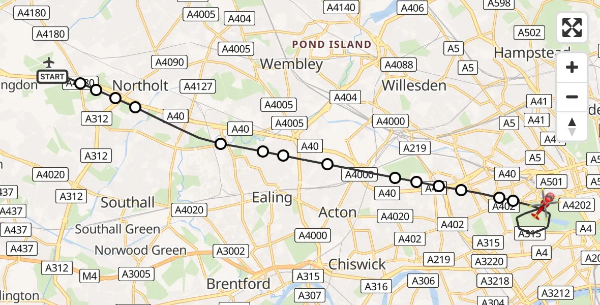 Flight route Air Ambulance Helicopter RAF Northolt - City of Westminster, 29 April 2026, 11:32