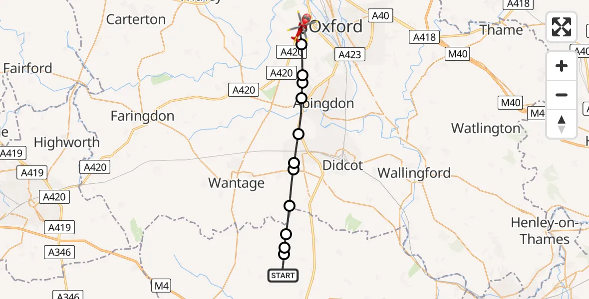 Flight path map showing Air Ambulance Helicopter route from Peasemore to Cumnor