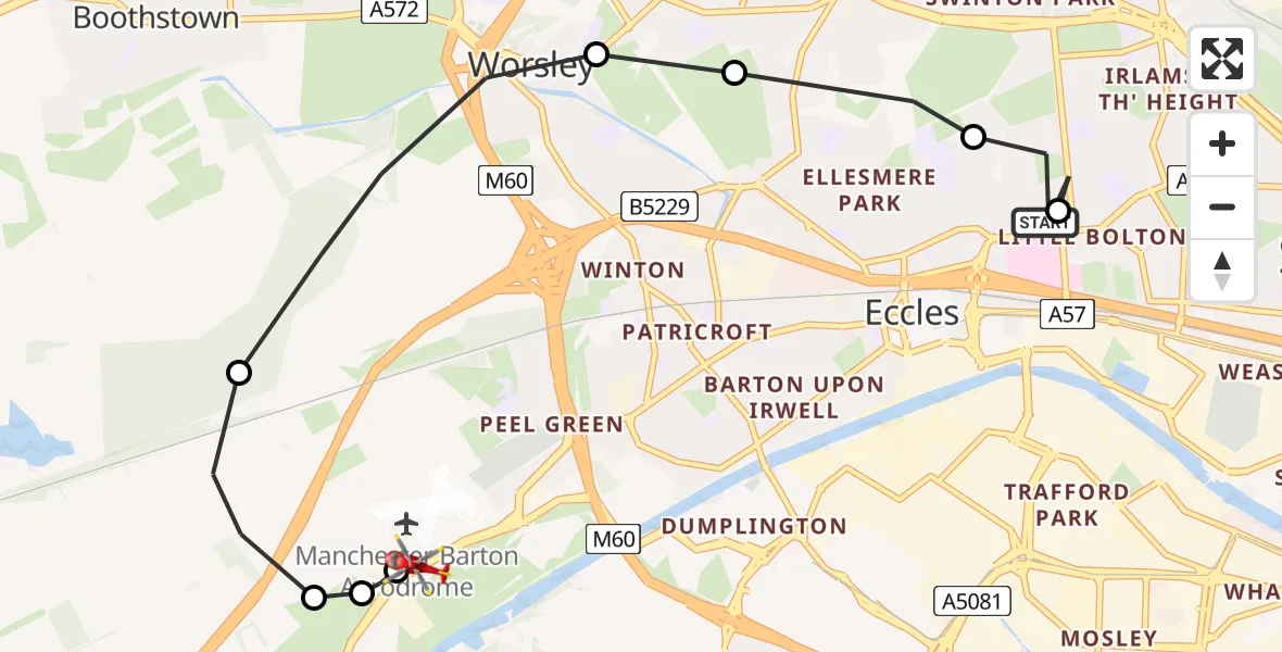 Flight path map showing Air Ambulance Helicopter route from Eccles to Irlam