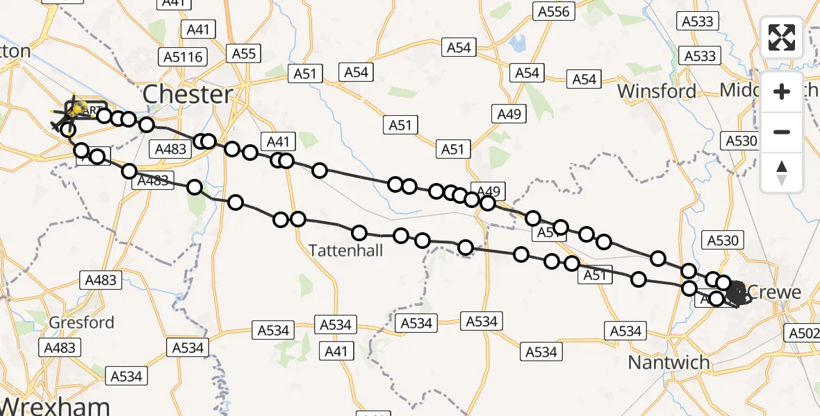 Flight route Police Helicopter Hawarden Airport - Hawarden Airport, 29 April 2026, 11:42