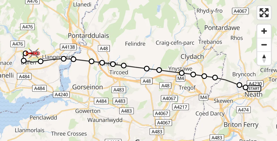 Flight path map showing Air Ambulance Helicopter route from Cadoxton-juxta-Neath to Dafen