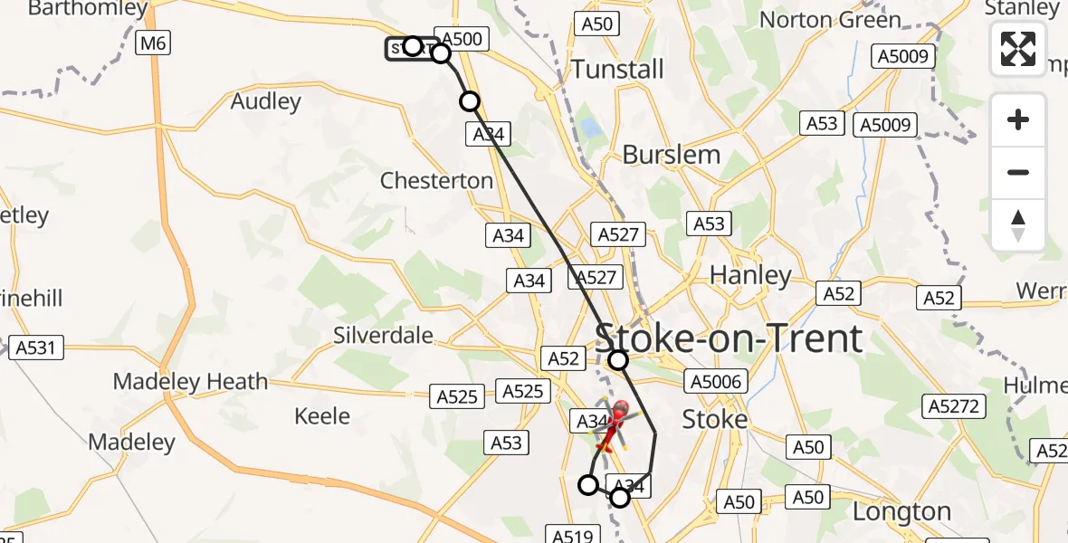 Flight path map showing Air Ambulance Helicopter route from Kidsgrove to Stoke