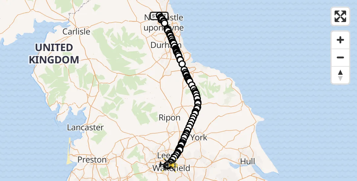 Flight path map showing Police Helicopter route from Newcastle International Airport to Wrenthorpe