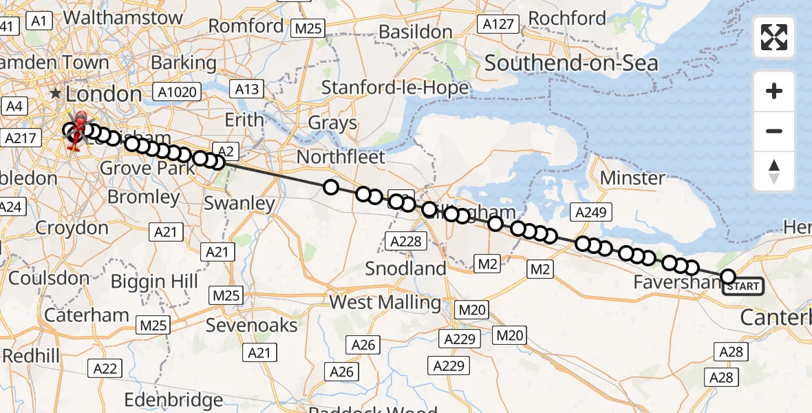 Flight route Air Ambulance Helicopter Dargate - Kings College London Hospital, 29 April 2026, 11:53