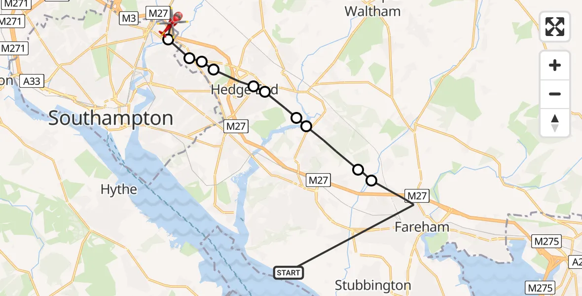 Flight route Air Ambulance Helicopter Fareham - Southampton Airport, 29 April 2026, 11:54
