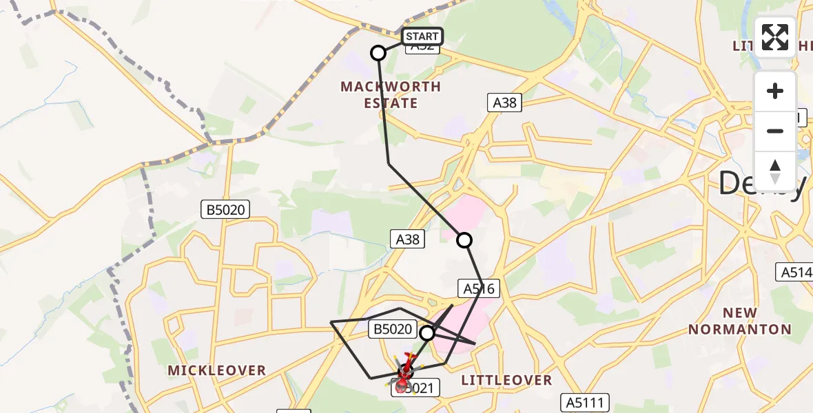 Flight path map showing Air Ambulance Helicopter route from Markeaton to Littleover