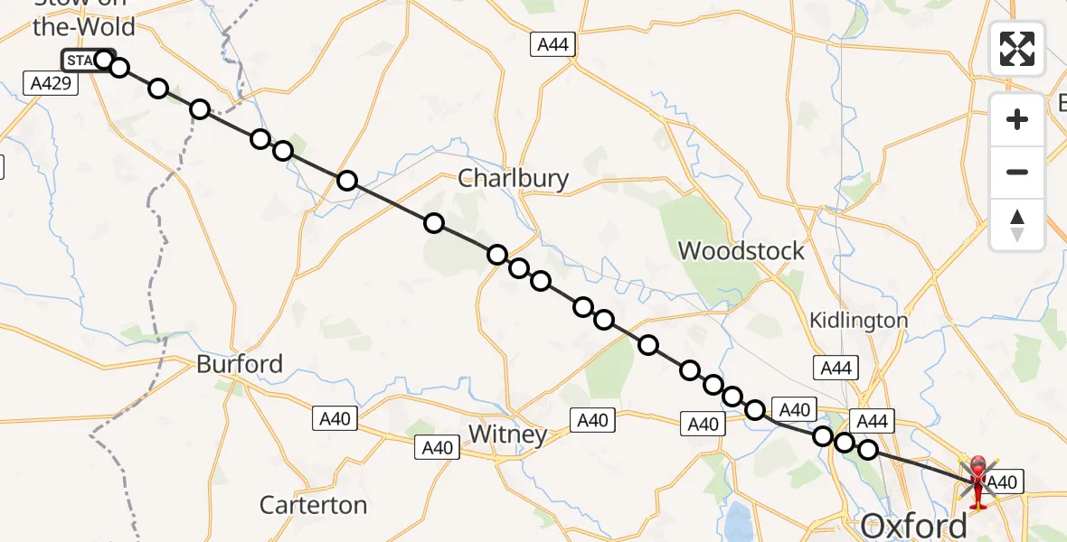 Flight path map showing Air Ambulance Helicopter route from Stow-on-the-Wold to Oxford