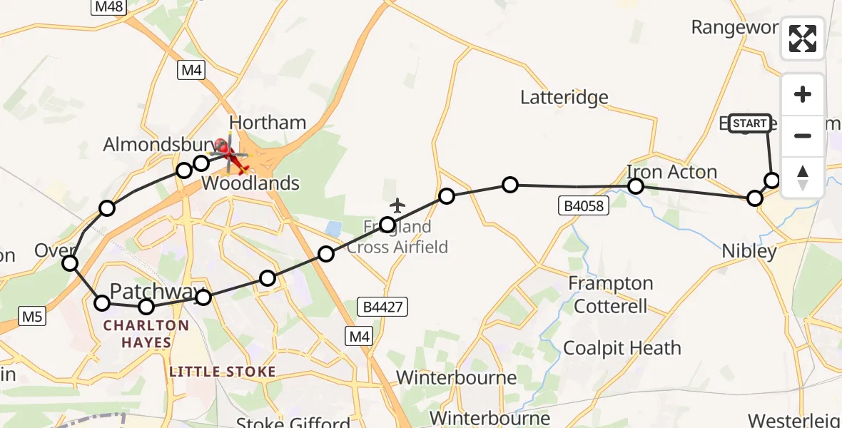 Flight path map showing Air Ambulance Helicopter route from Nibley to Almondsbury Helicopter Base