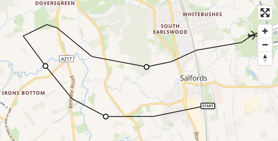 Flight path map showing Police Helicopter route from Salfords to Salfords