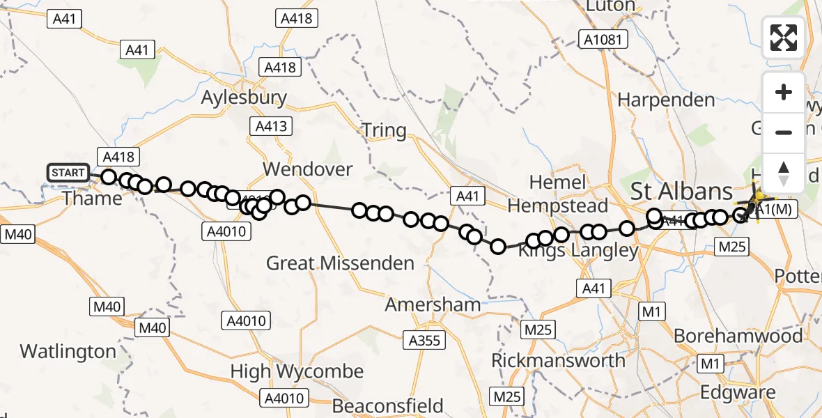 Flight path map showing Police Helicopter route from Long Crendon to Hatfield