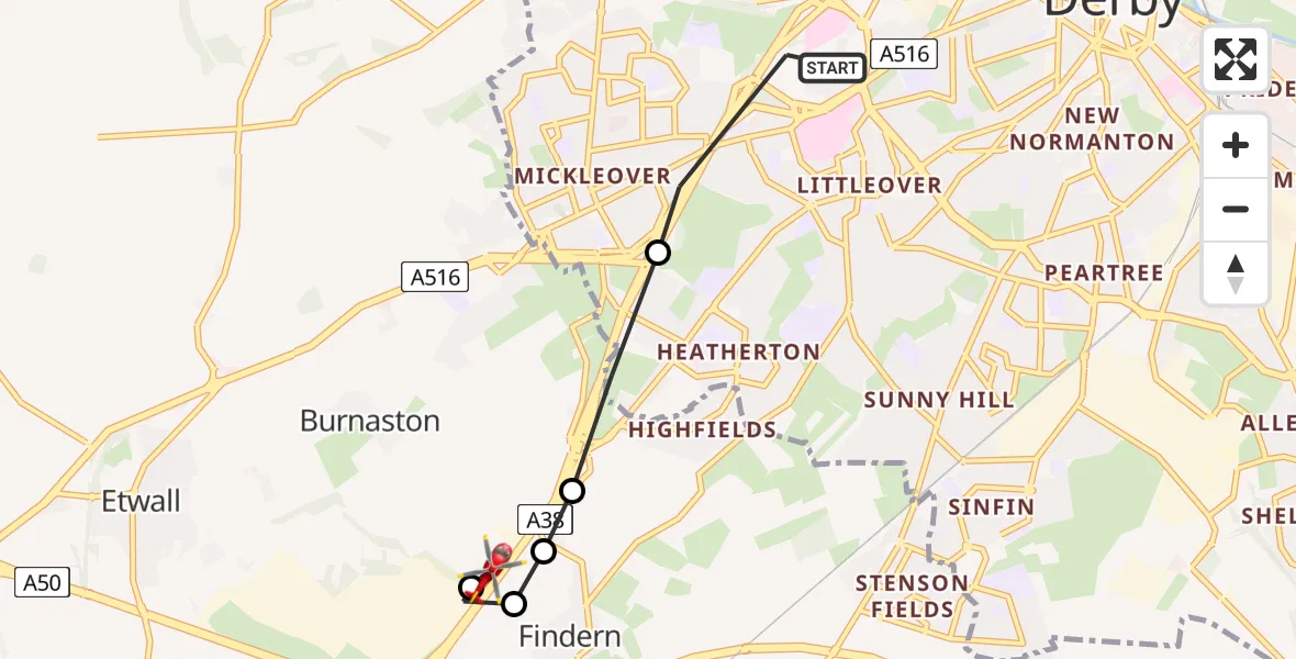 Flight path map showing Air Ambulance Helicopter route from Littleover to Burnaston CP