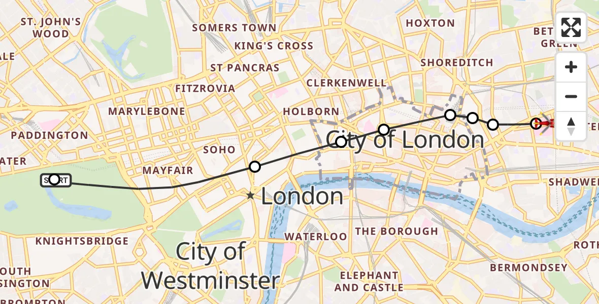 Flight route Air Ambulance Helicopter City of Westminster - Royal London Hospital, 29 April 2026, 12:14