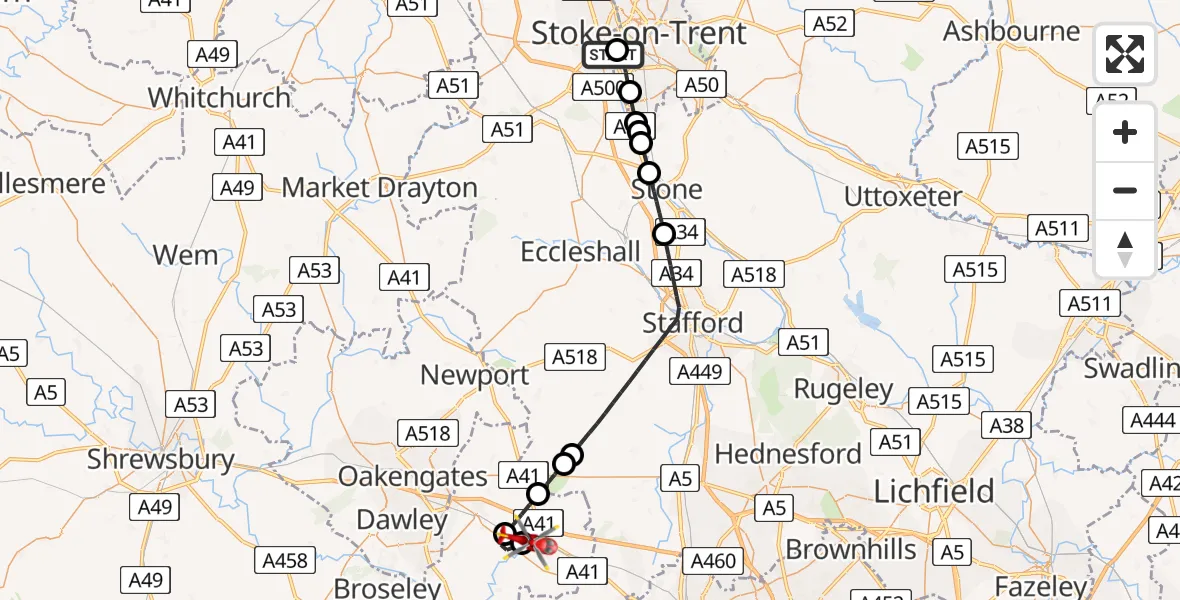 Flight path map showing Air Ambulance Helicopter route from University Hospital North Staffs to Cosford