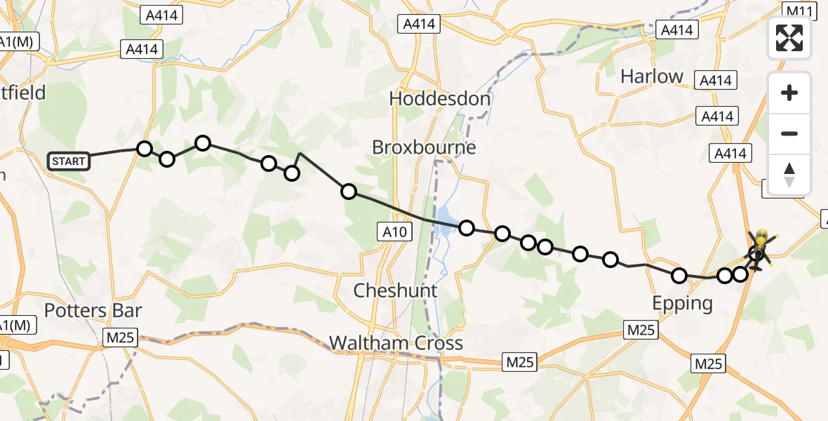 Flight path map showing Police Helicopter route from Hatfield to North Weald Airfield