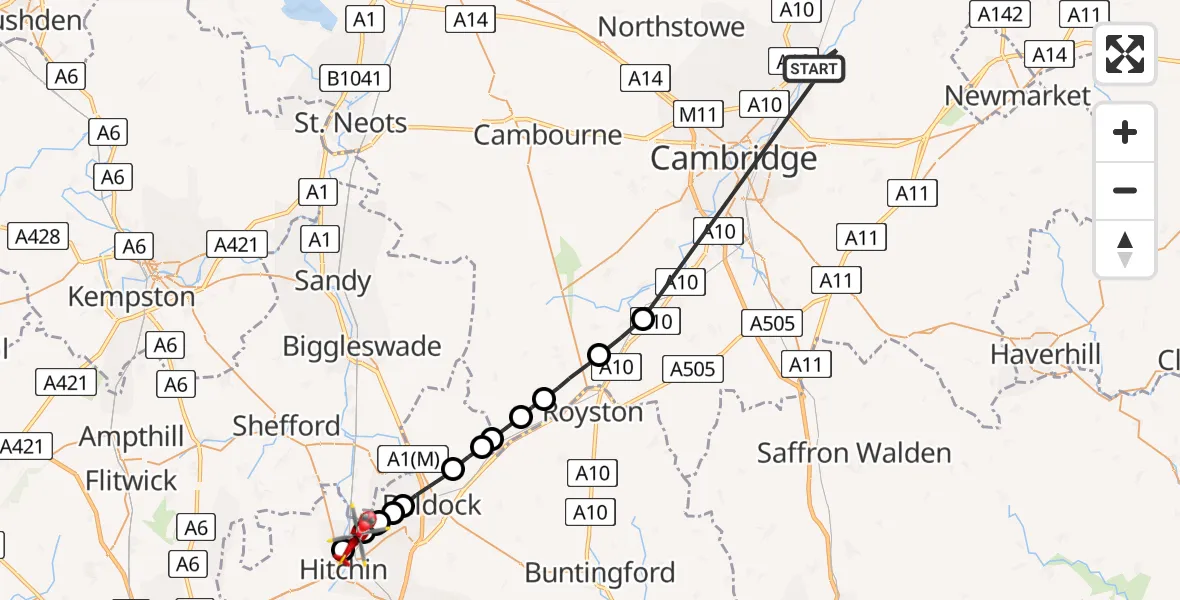 Flight route Air Ambulance Helicopter Waterbeach - Hitchin, 29 April 2026, 12:32