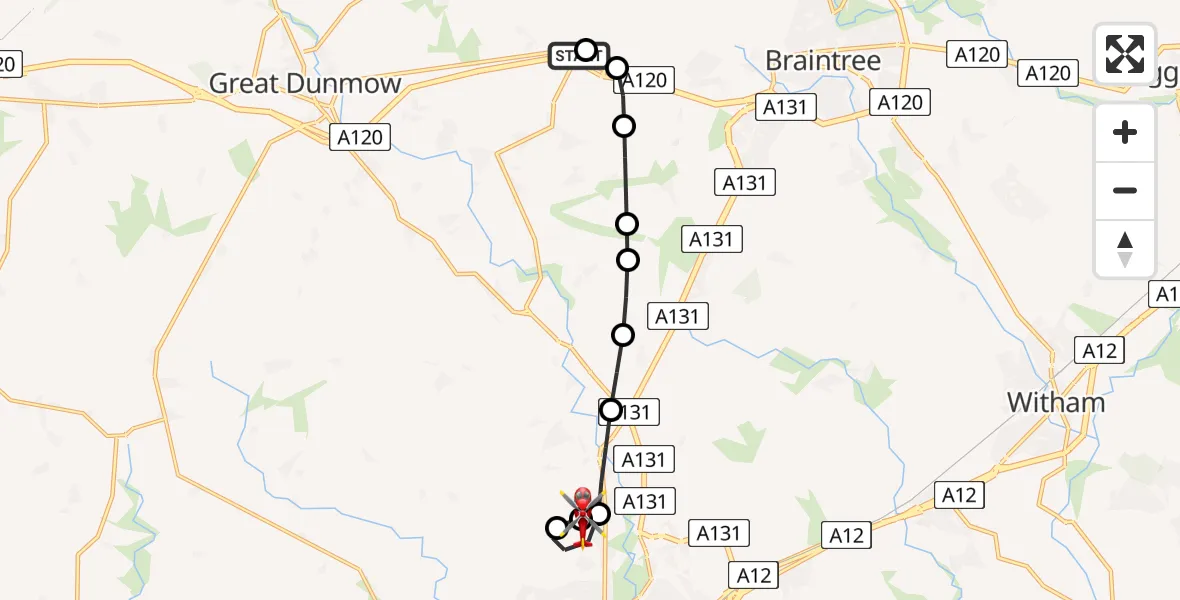 Flight route Air Ambulance Helicopter Uttlesford - Broomfield Hospital, 29 April 2026, 12:33