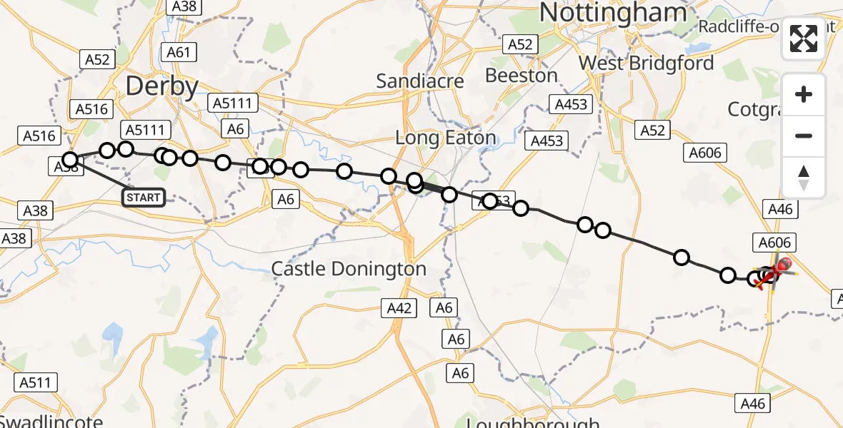 Flight path map showing Air Ambulance Helicopter route from Sinfin to Nottingham Heliport