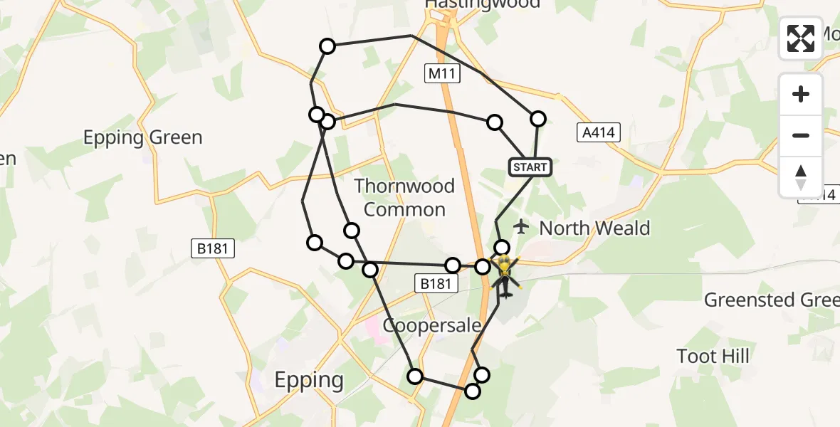 Flight path map showing Police Helicopter route from North Weald Airfield to Coopersale