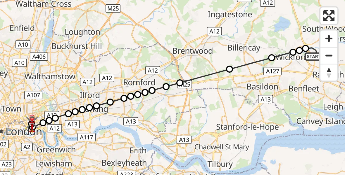 Flight path map showing Air Ambulance Helicopter route from Rochford to Royal London Hospital