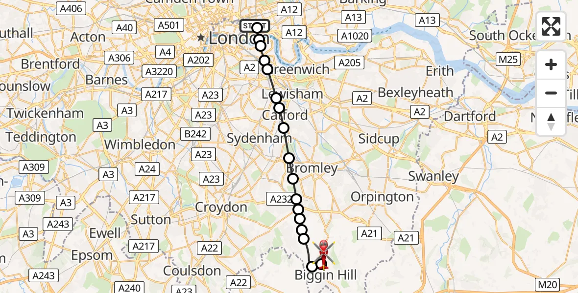 Flight route Air Ambulance Helicopter Royal London Hospital - London Biggin Hill Airport, 29 April 2026, 12:52