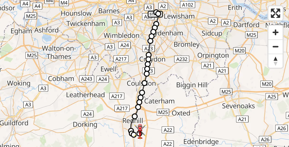Flight route Air Ambulance Helicopter Kings College London Hospital - Redhill Aerodrome, 29 April 2026, 12:59
