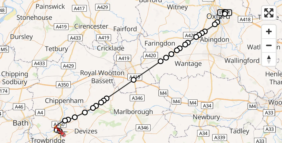 Flight path map showing Air Ambulance Helicopter route from John Radcliffe Hospital to Melksham