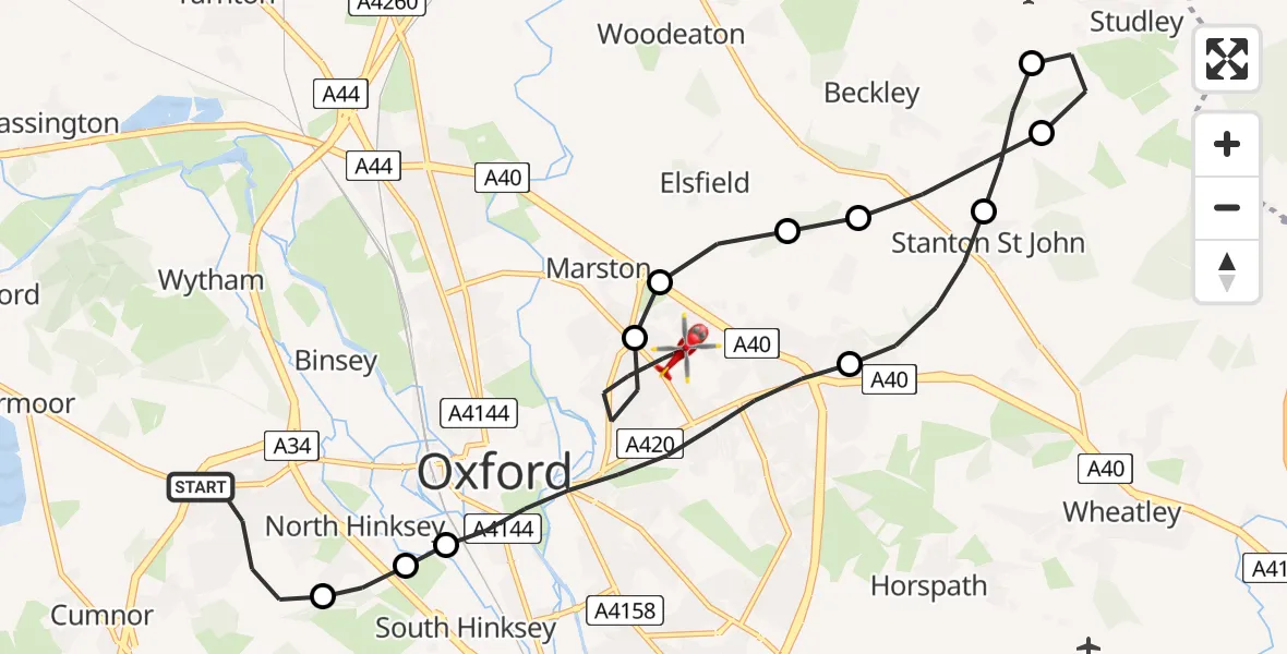 Flight path map showing Air Ambulance Helicopter route from Cumnor to Oxford