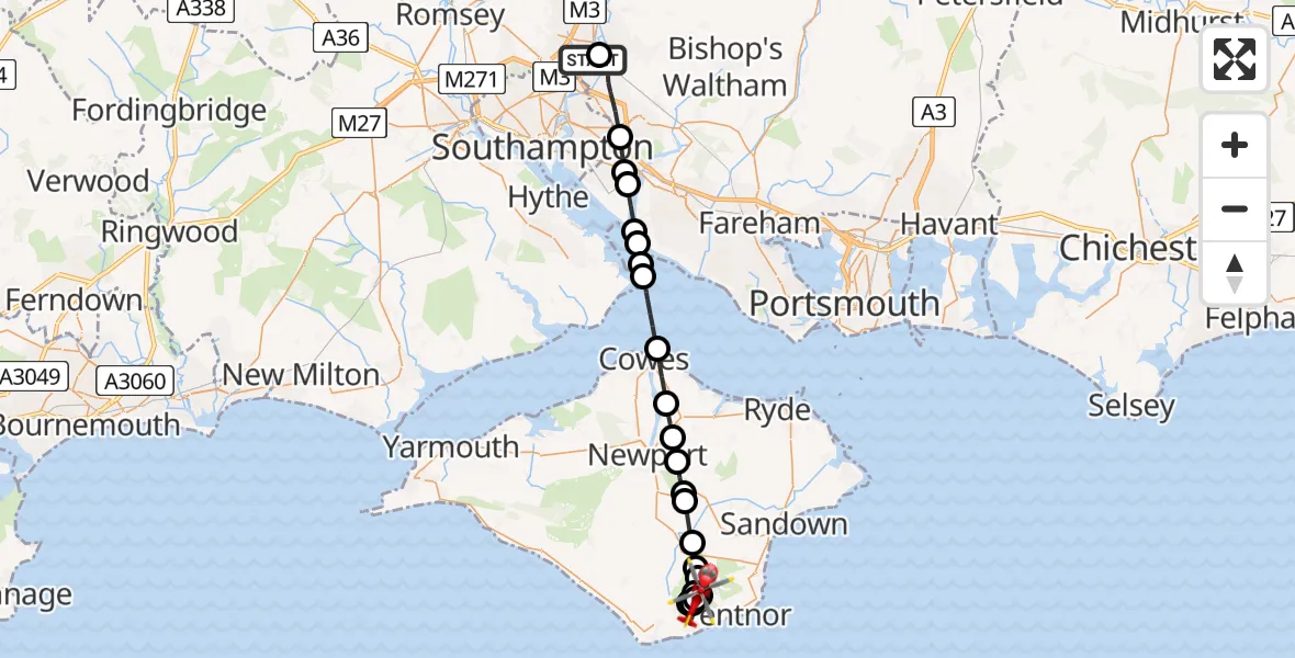 Flight route Air Ambulance Helicopter Southampton Airport - Ventnor, 29 April 2026, 13:18