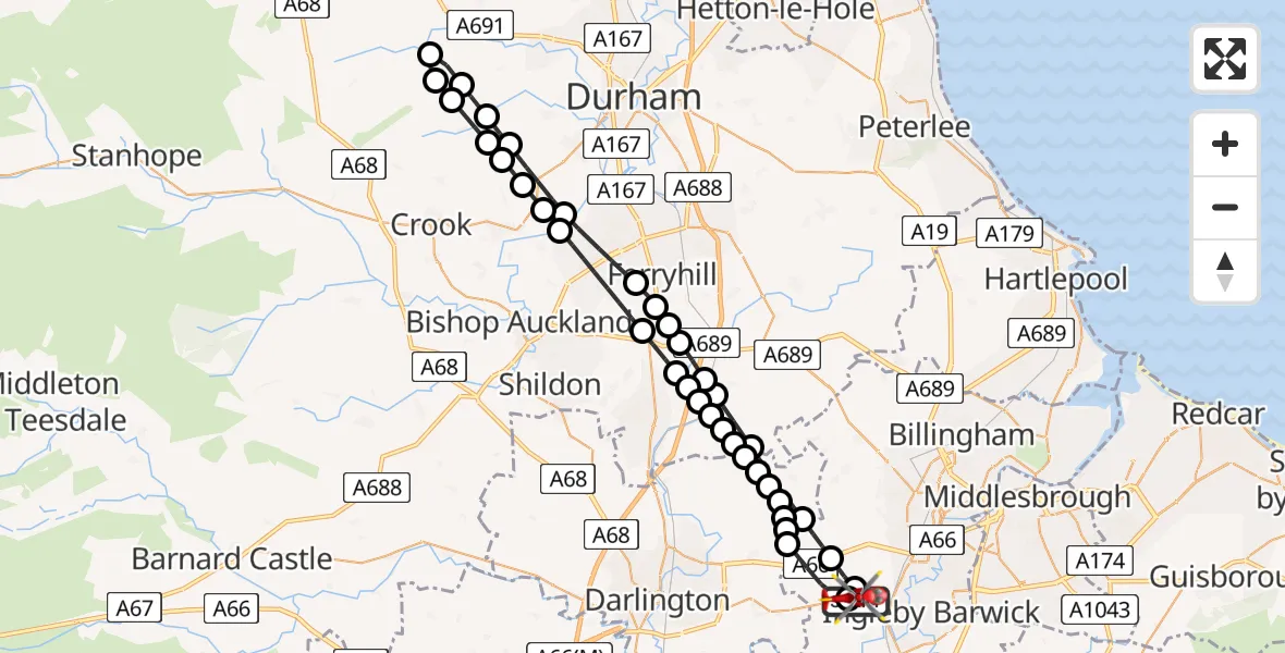 Flight path map showing Air Ambulance Helicopter route from Egglescliffe to Egglescliffe